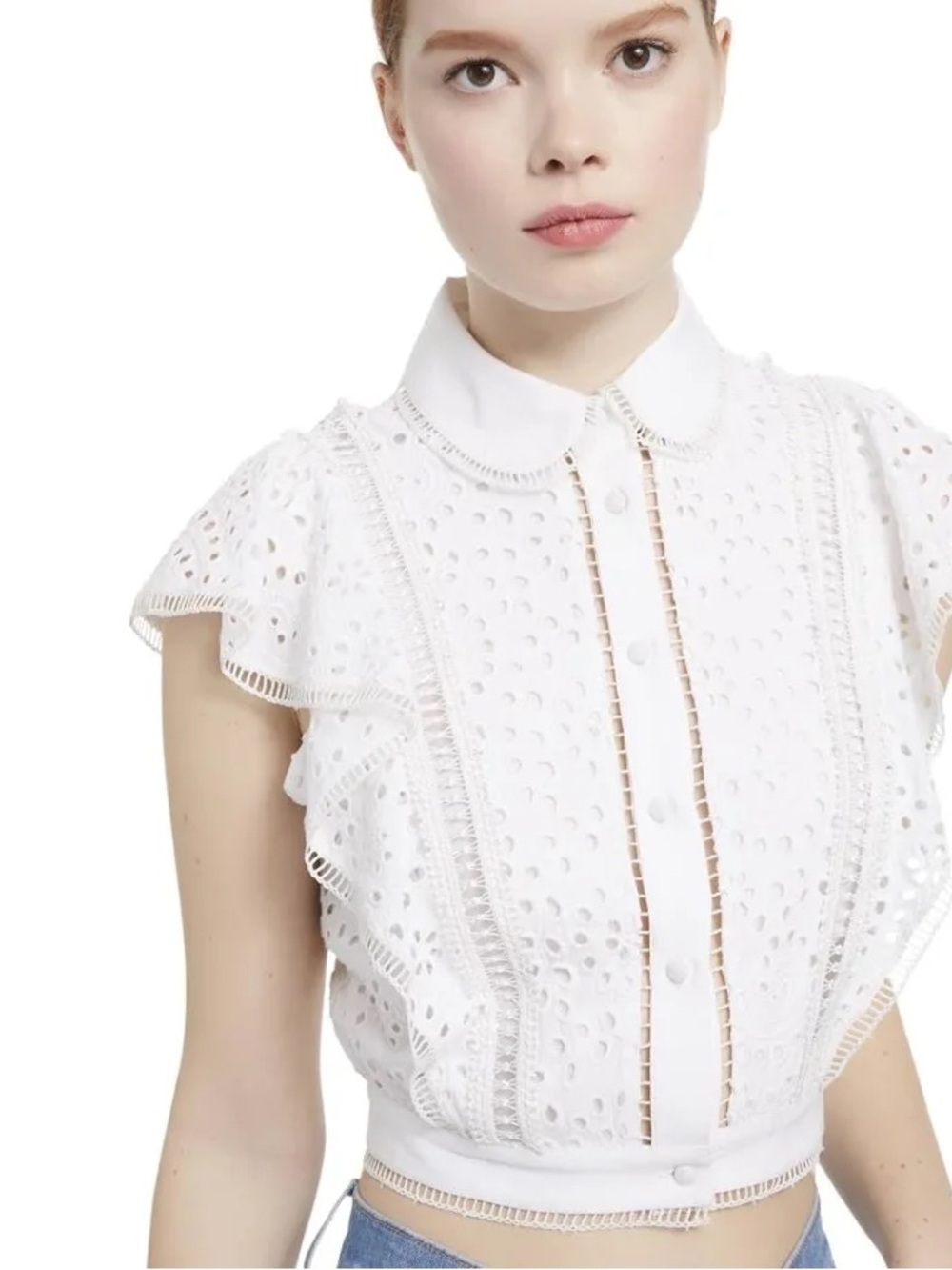 Alice + Olivia White Eyelet Lace Button-Front Women's Top